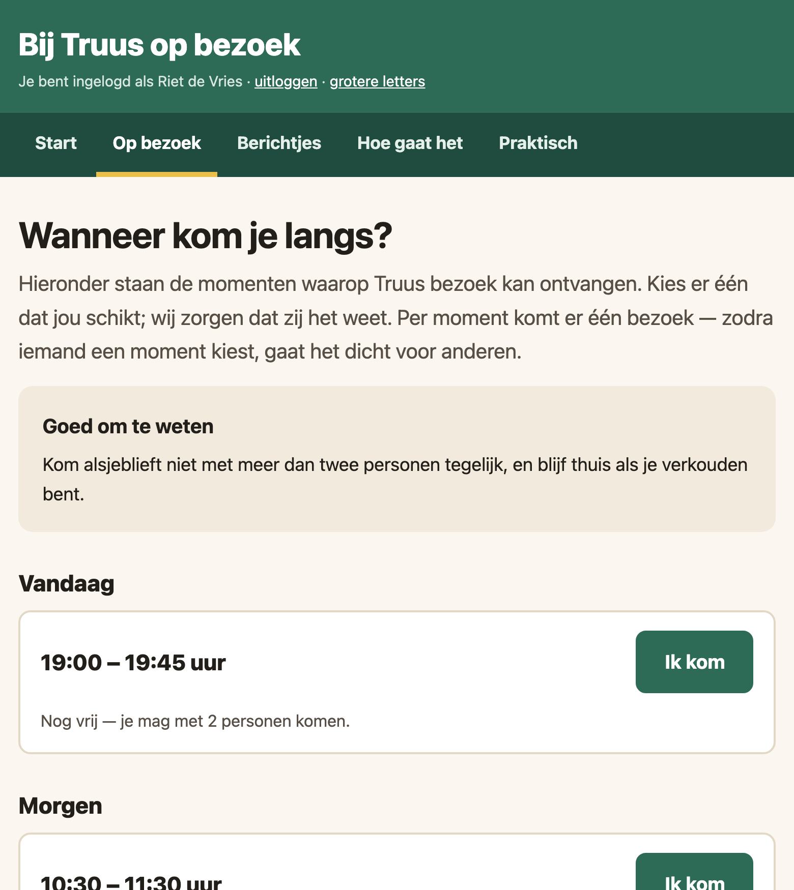 De pagina 'Wanneer kom je langs?' met vrije bezoekmomenten per dag en een knop 'Ik kom'.