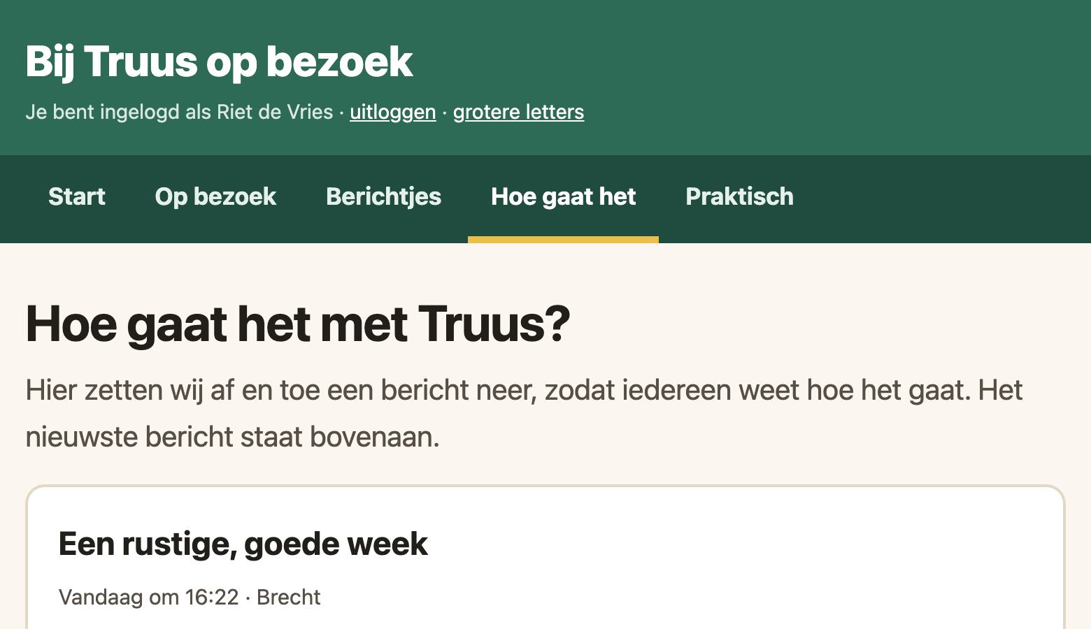 De pagina 'Hoe gaat het met Truus?' met het nieuwste bericht van de familie.